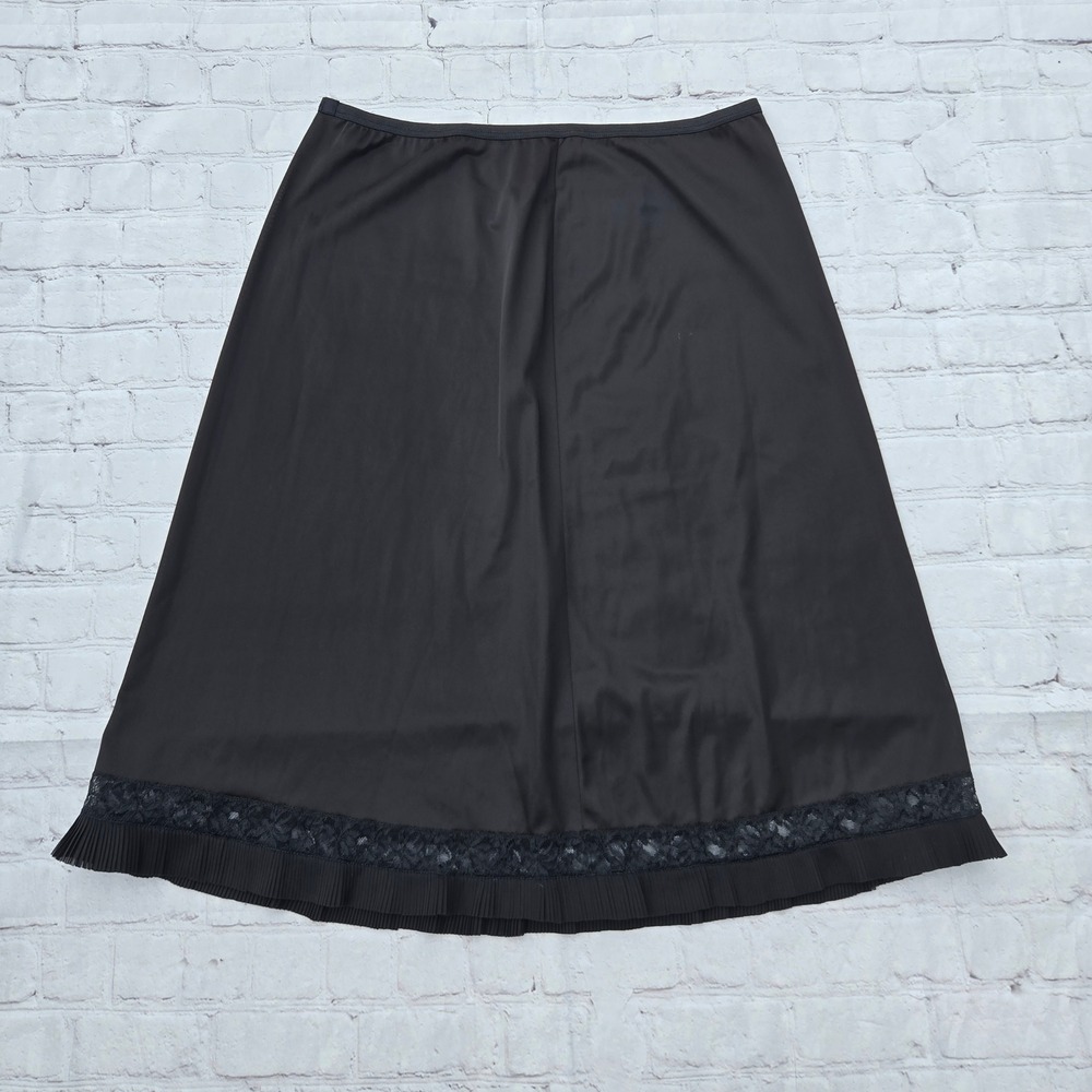 Vintage Black Nylon Tricot Slip skirt Lace Pleated Ruffle Hem Small soft grunge